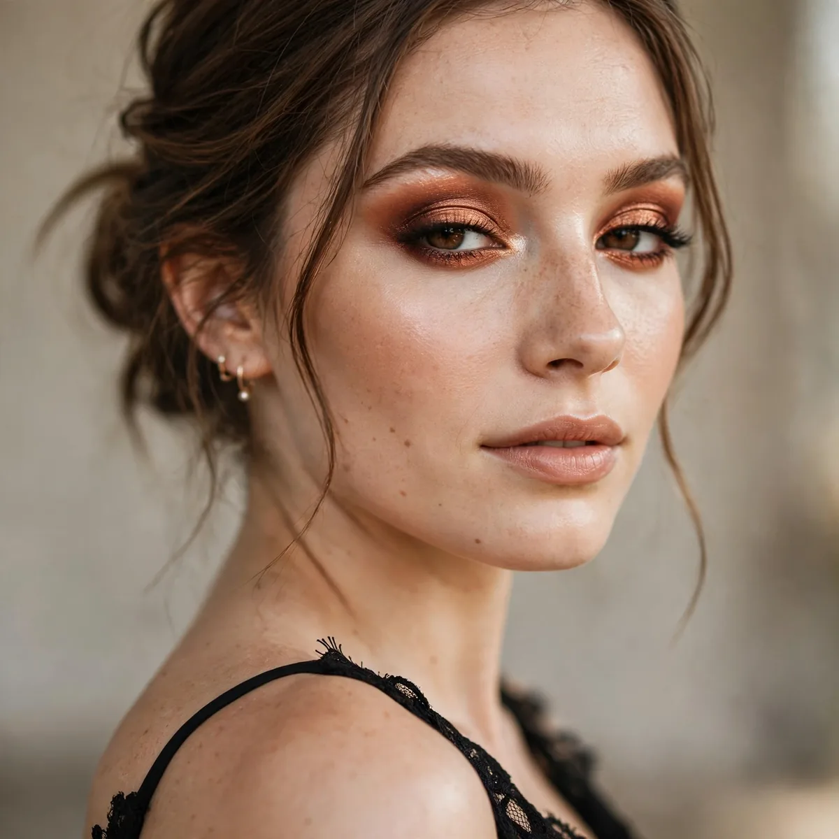 Bridesmaid with statement copper eyeshadow lids and black dress