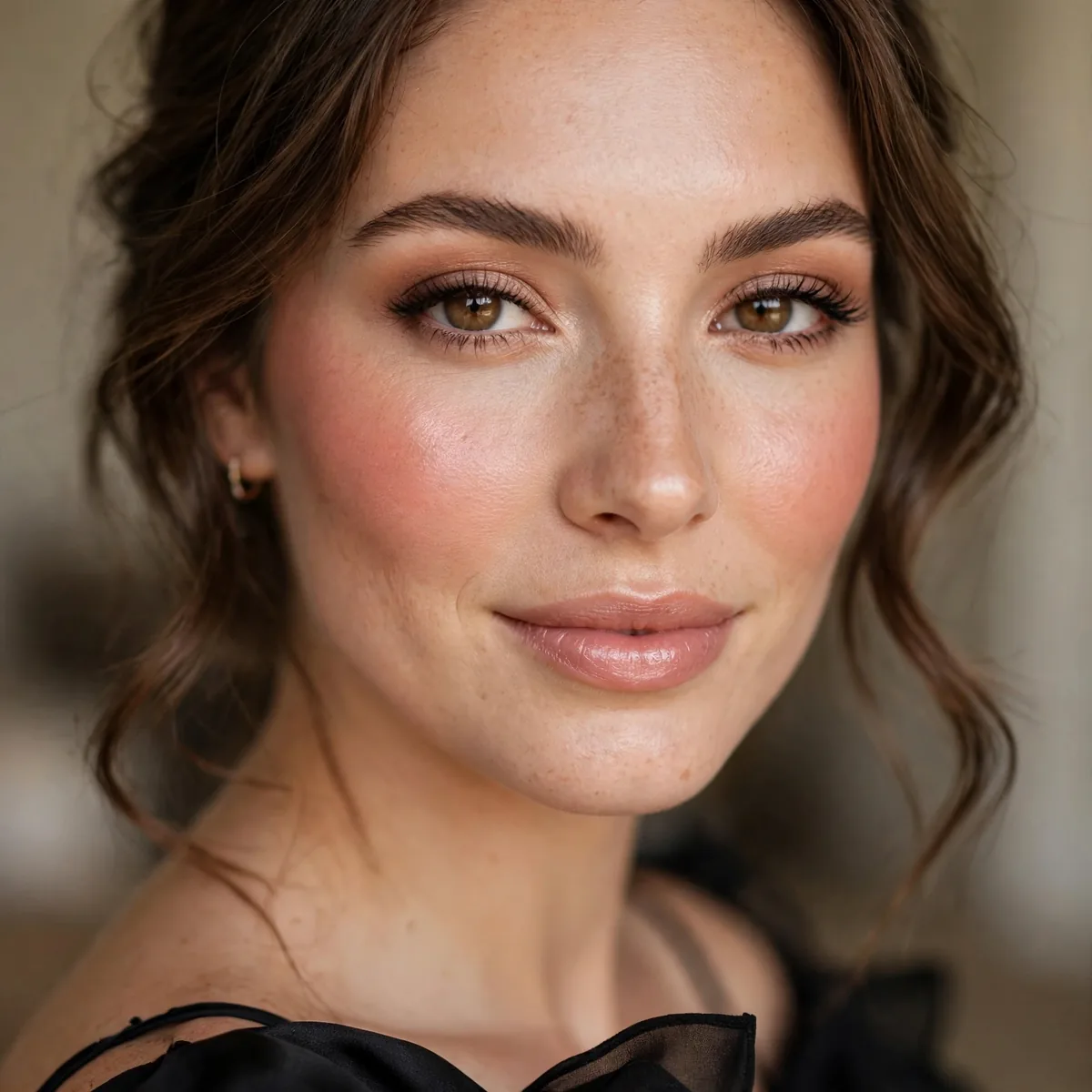 Bridesmaid with rosewood blush glowing on cheeks with black dress