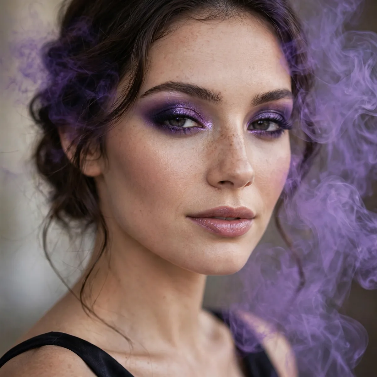 Bridesmaid with violet-toned smoky eyeshadow and black dress