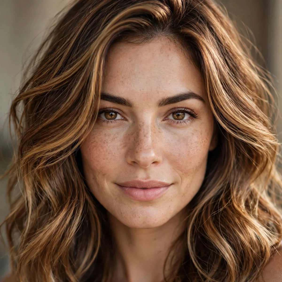 Woman with caramel highlights kissed through bronde hair