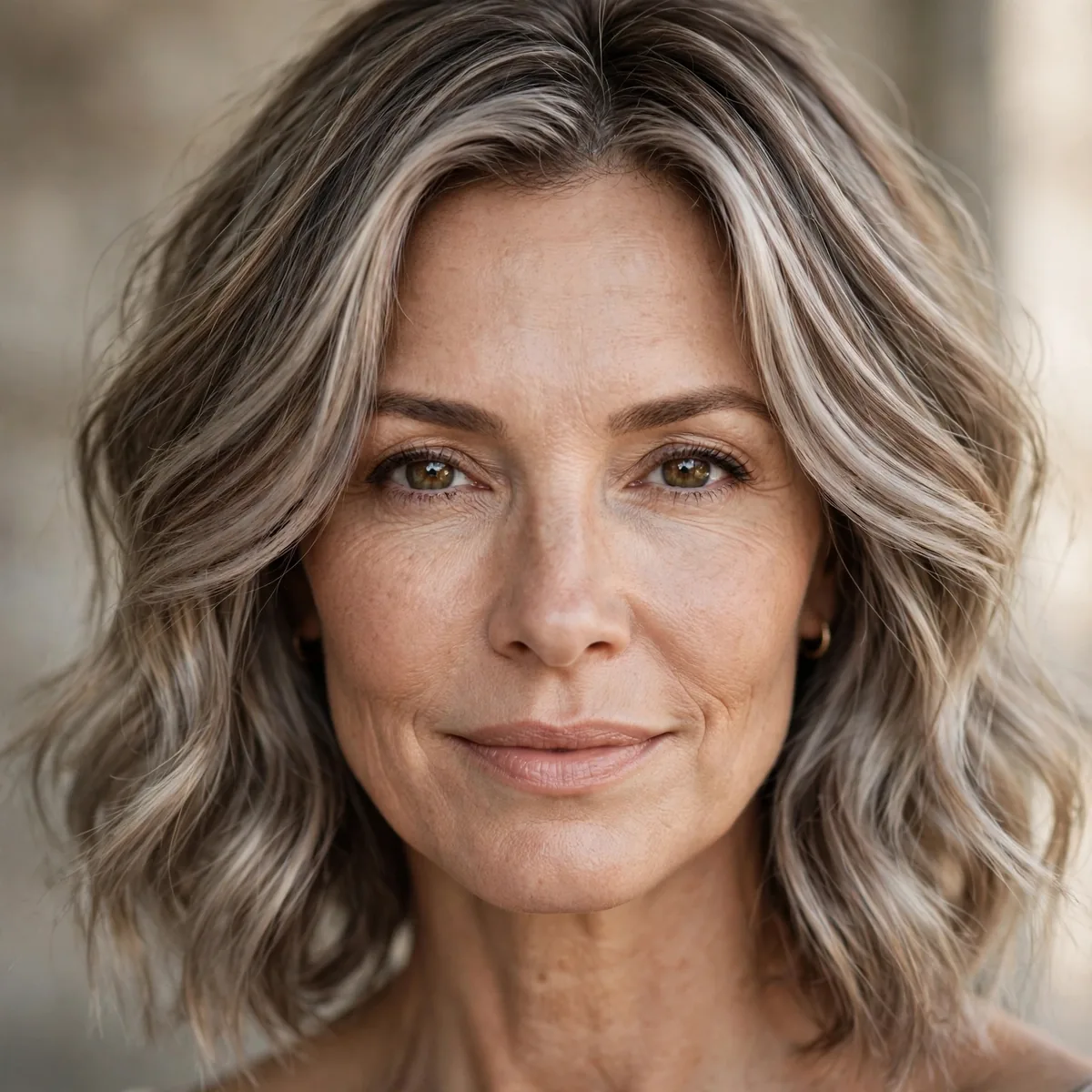 Woman over 40 with cool ashy bronde hair