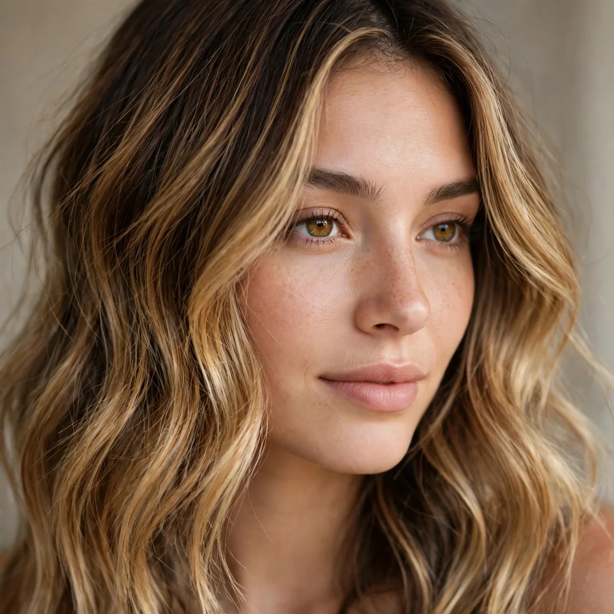 Woman with golden bronde balayage in loose waves