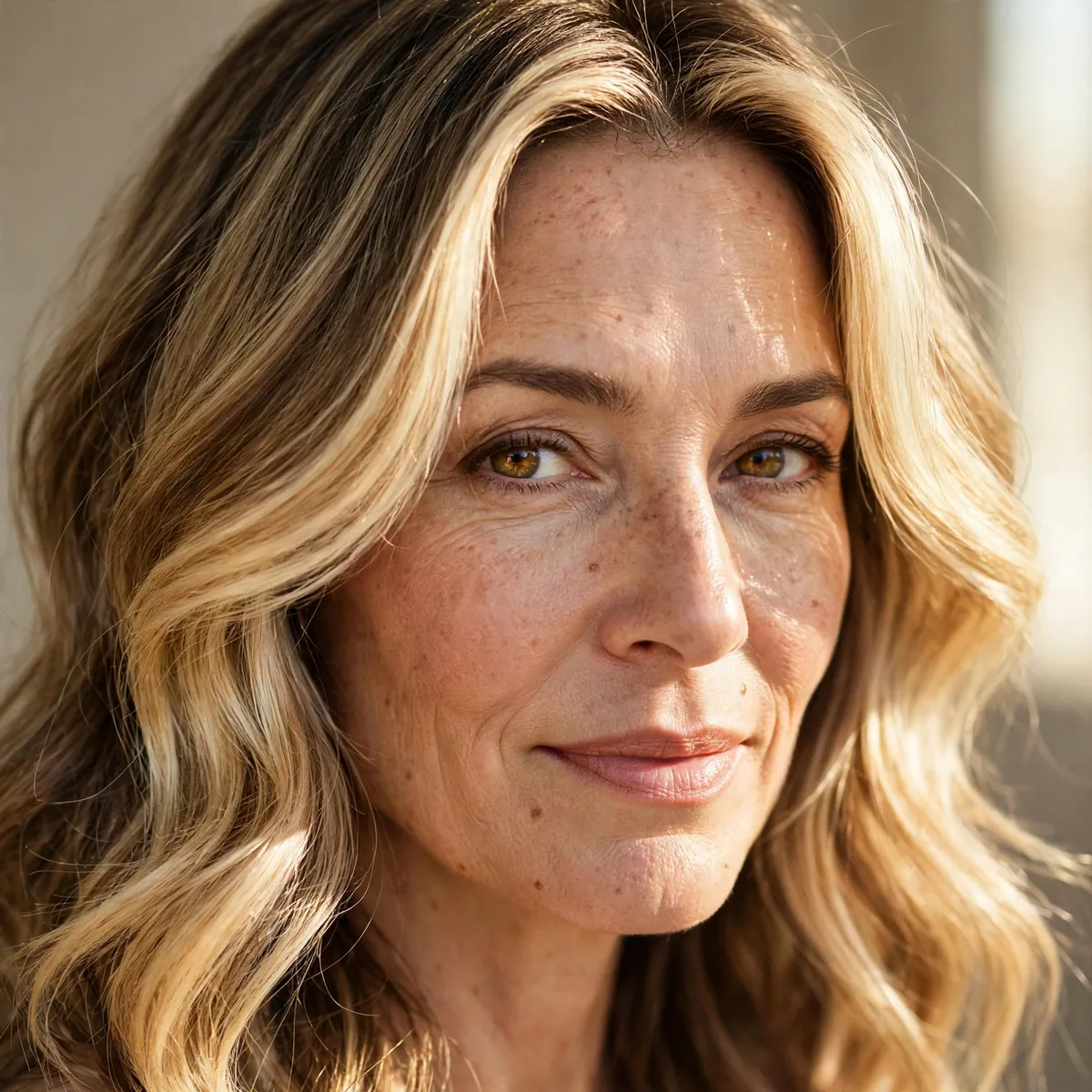 Woman over 40 with bright money piece framing the face in bronde hair