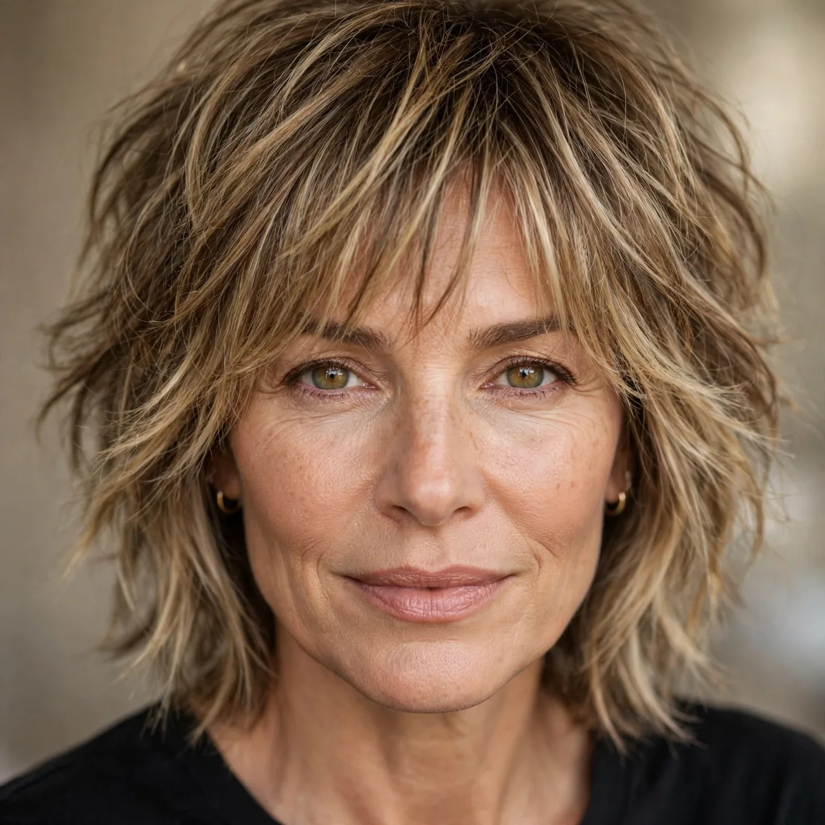 Woman over 40 with bronde shag haircut and textured layers