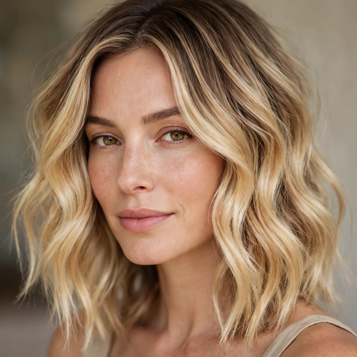 Woman with buttery blonde melted bronde hair