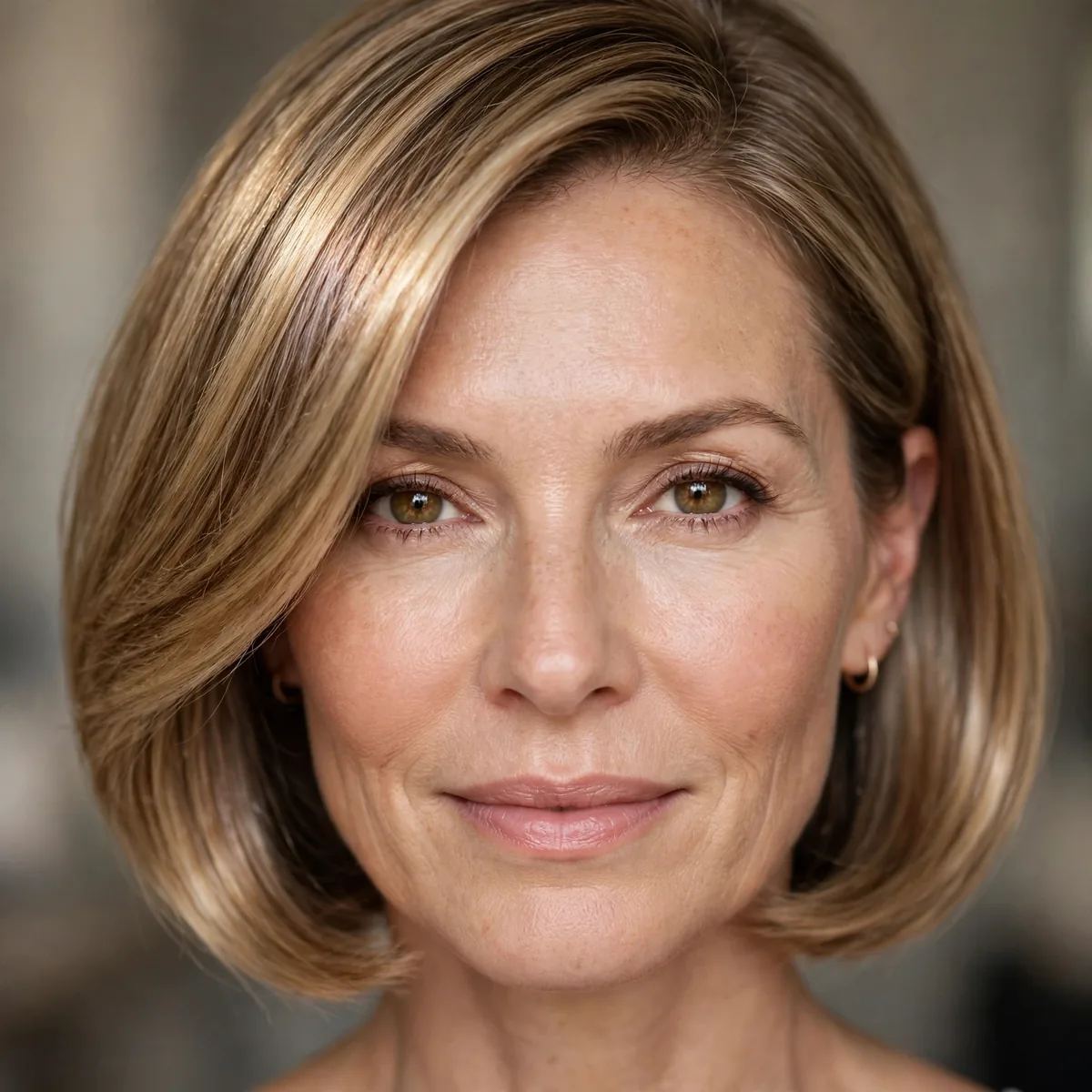 Woman over 40 with a shiny bronde bob haircut