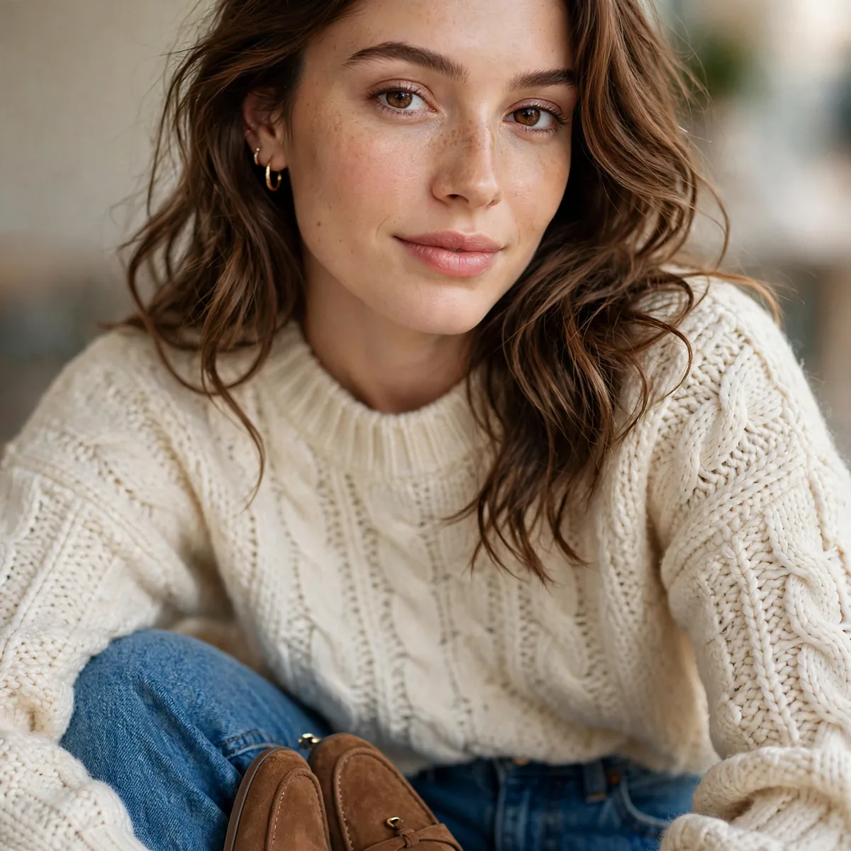 Sweater jeans loafers brunch outfit