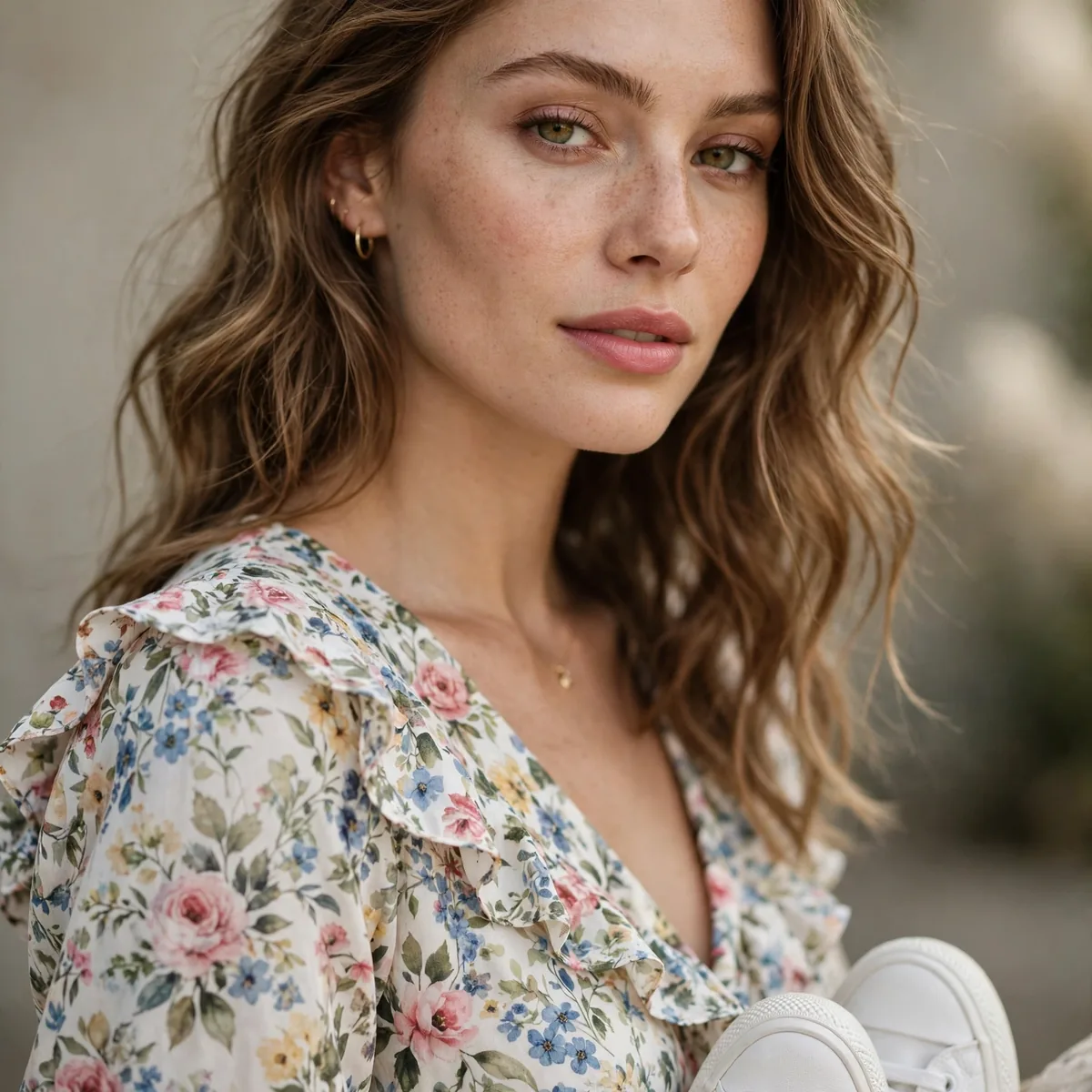 Floral midi dress with sneakers