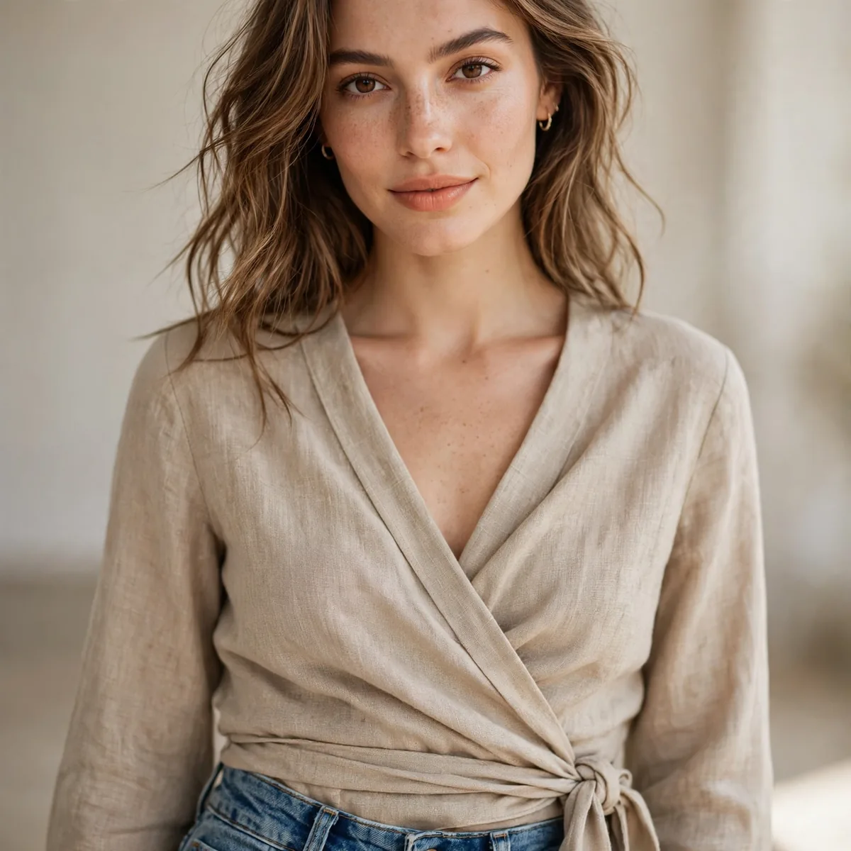 Wrap top with high rise jeans