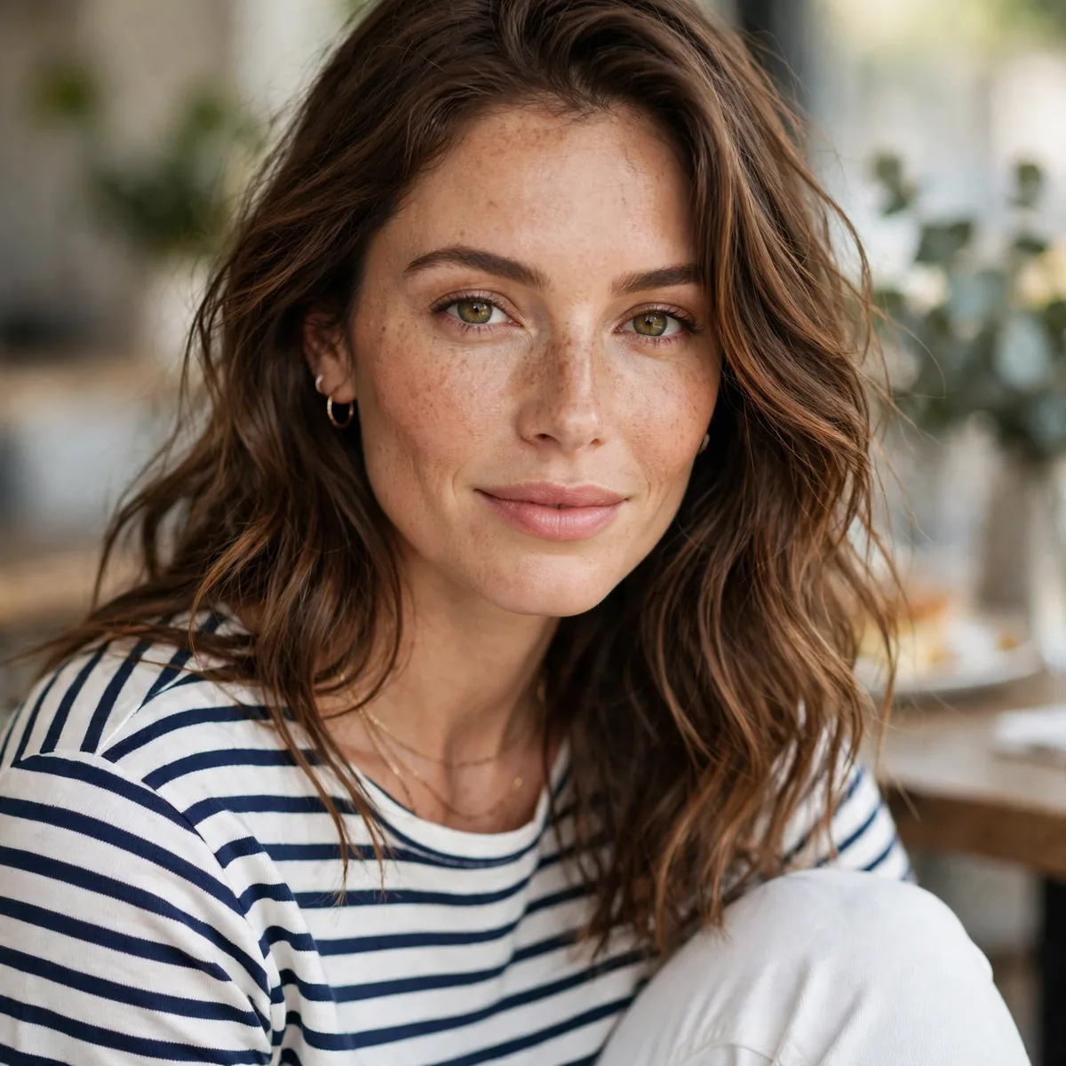 Striped top with white jeans brunch