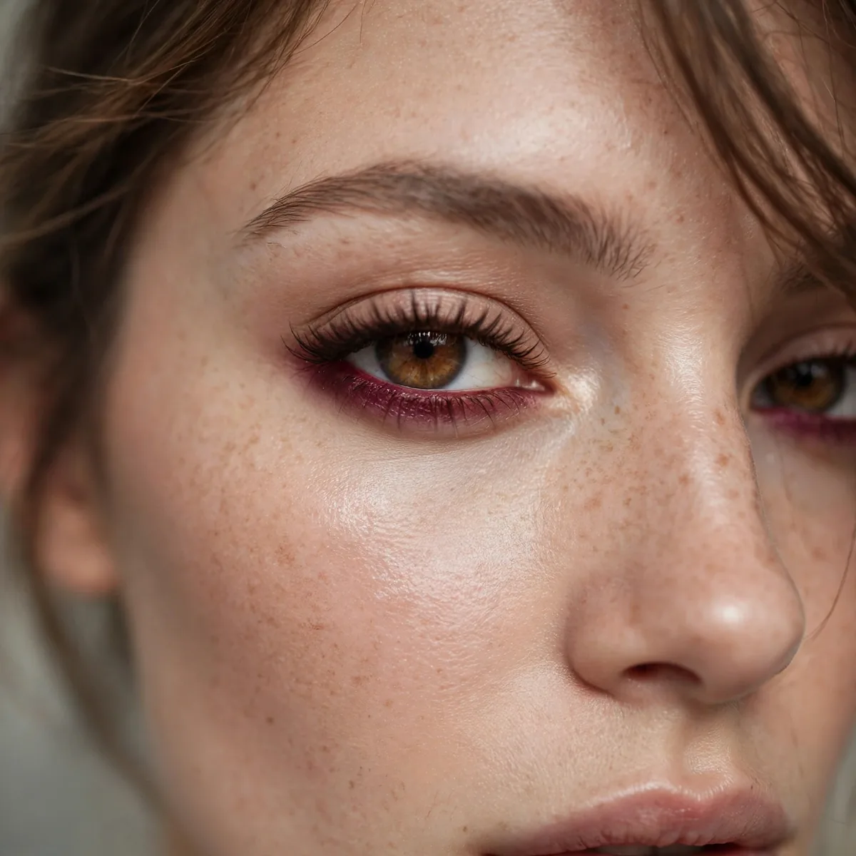 Burgundy eyeshadow along lower lash line
