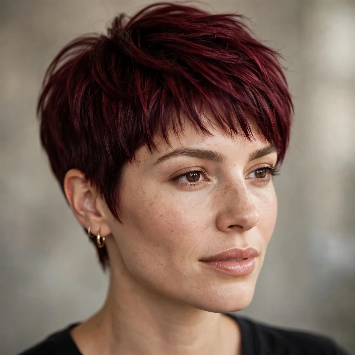 Burgundy on short pixie haircut
