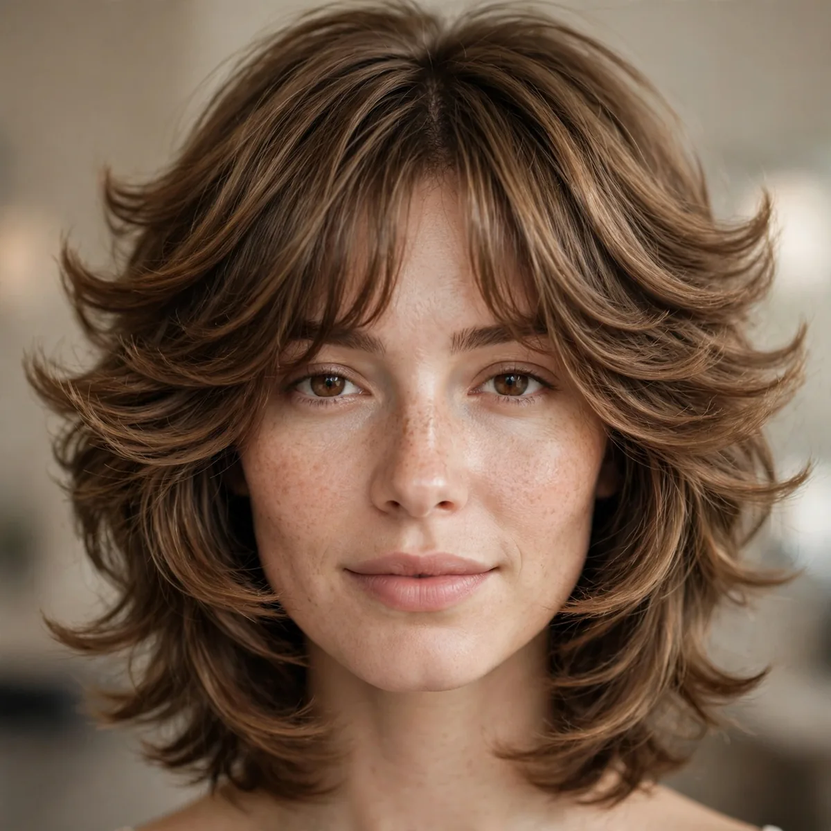 Butterfly haircut paired with curtain bangs