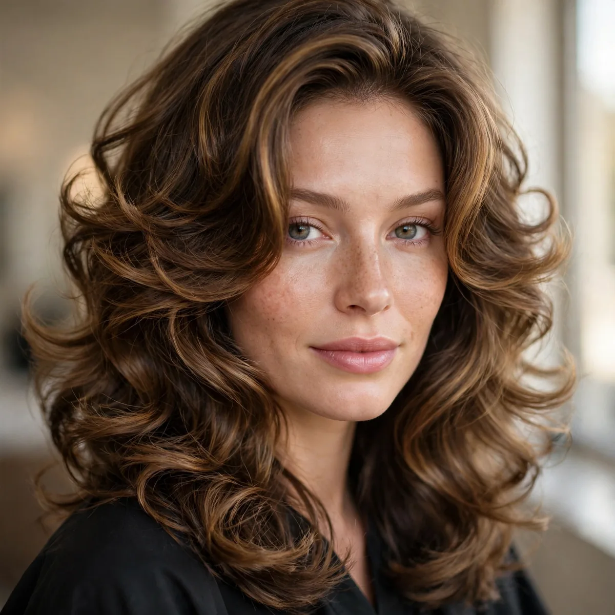 Butterfly haircut styled in a bouncy salon blowout