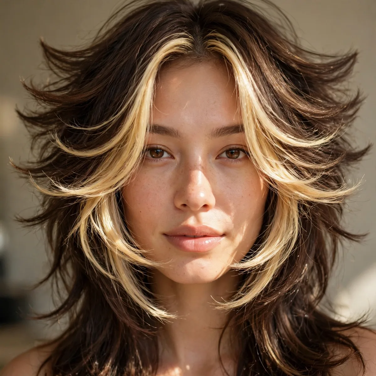 Butterfly haircut with bright face-framing highlights