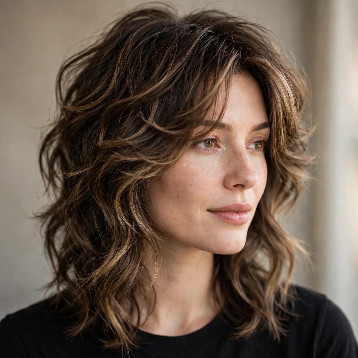 Butterfly haircut on wavy hair with tousled texture