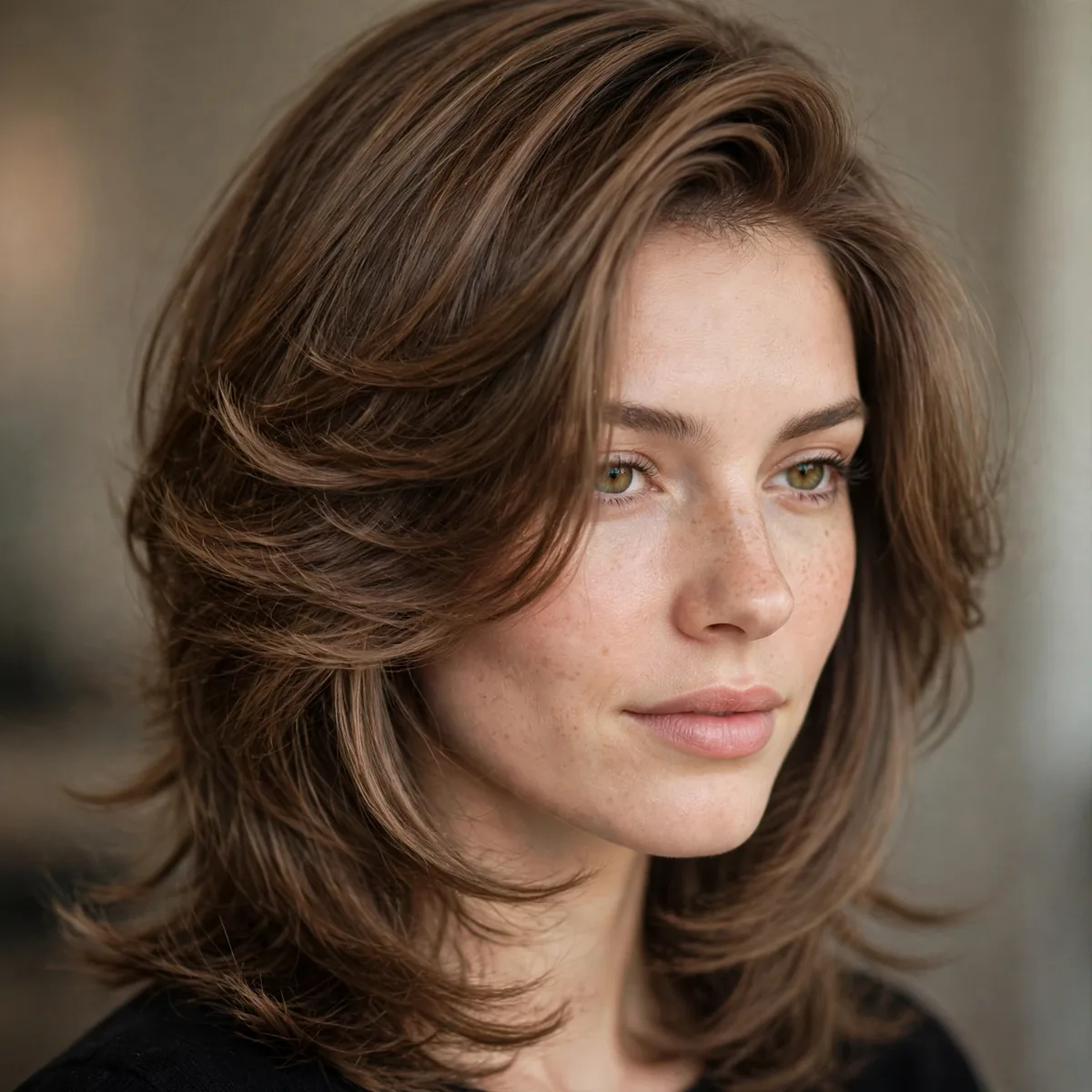 Butterfly haircut styled with a deep side part