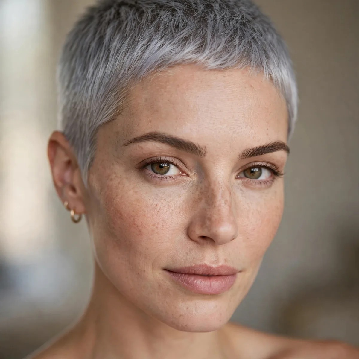 Silver gray buzz cut on a woman