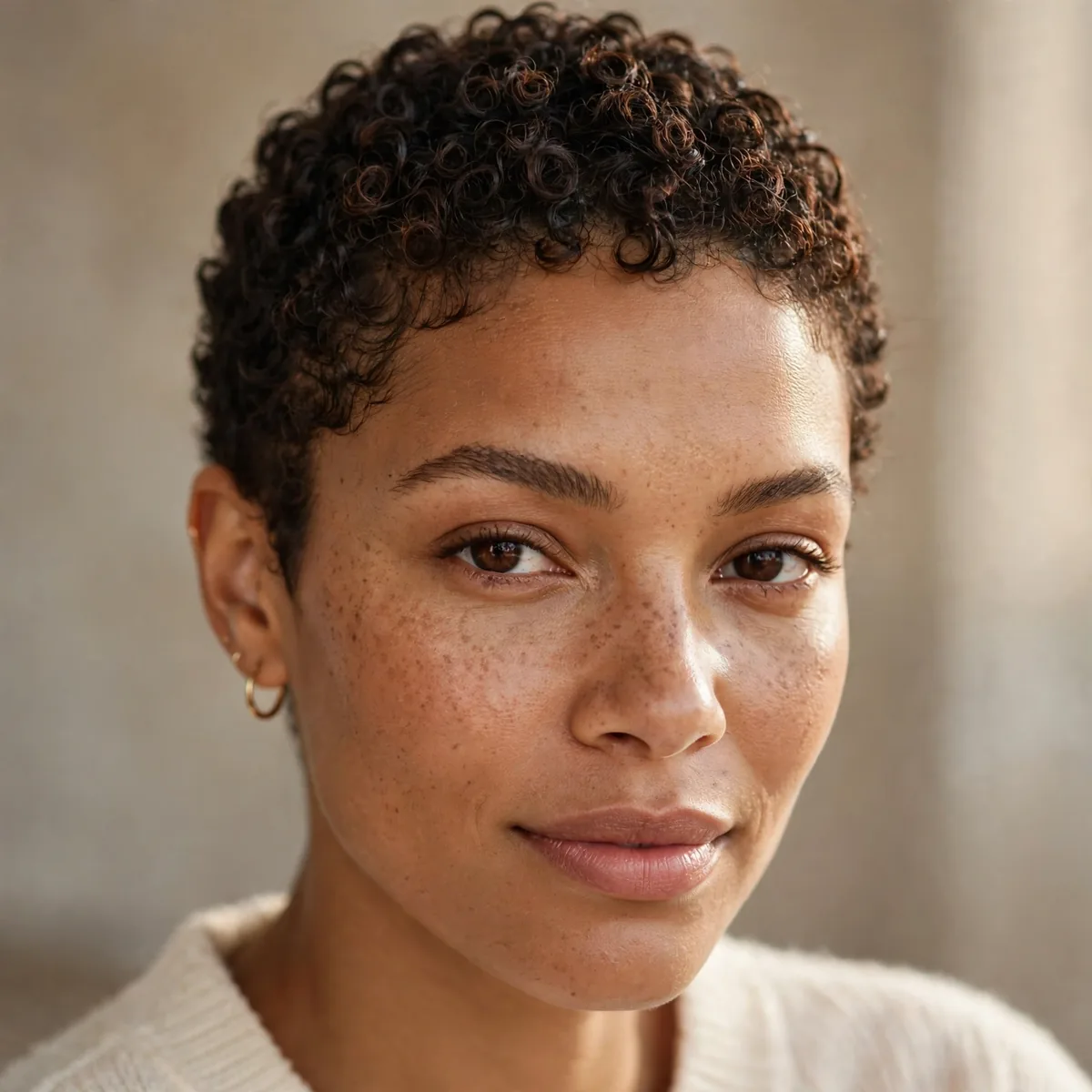 Short curly buzz cut with natural texture