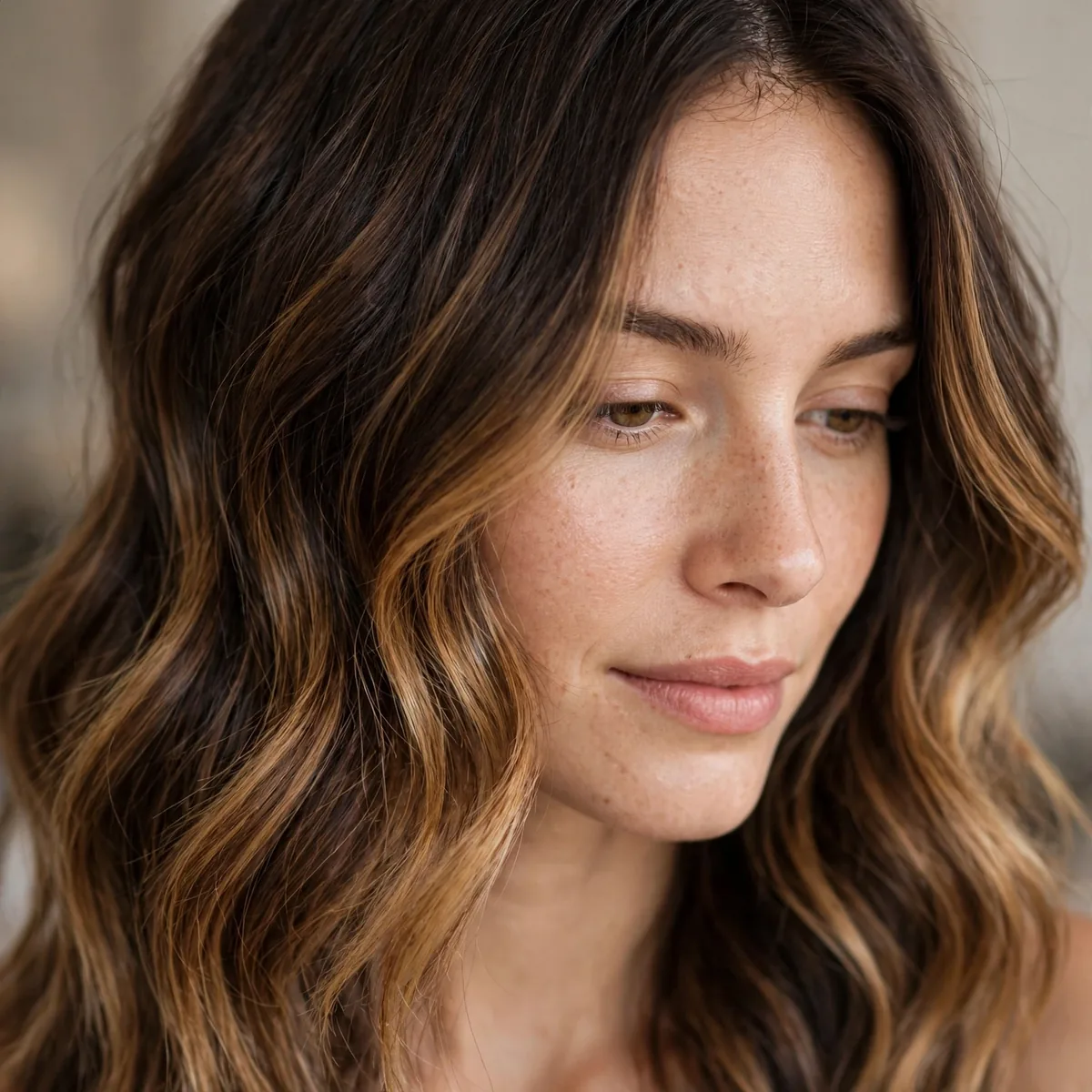 Dark brown hair with classic caramel balayage melting through the lengths