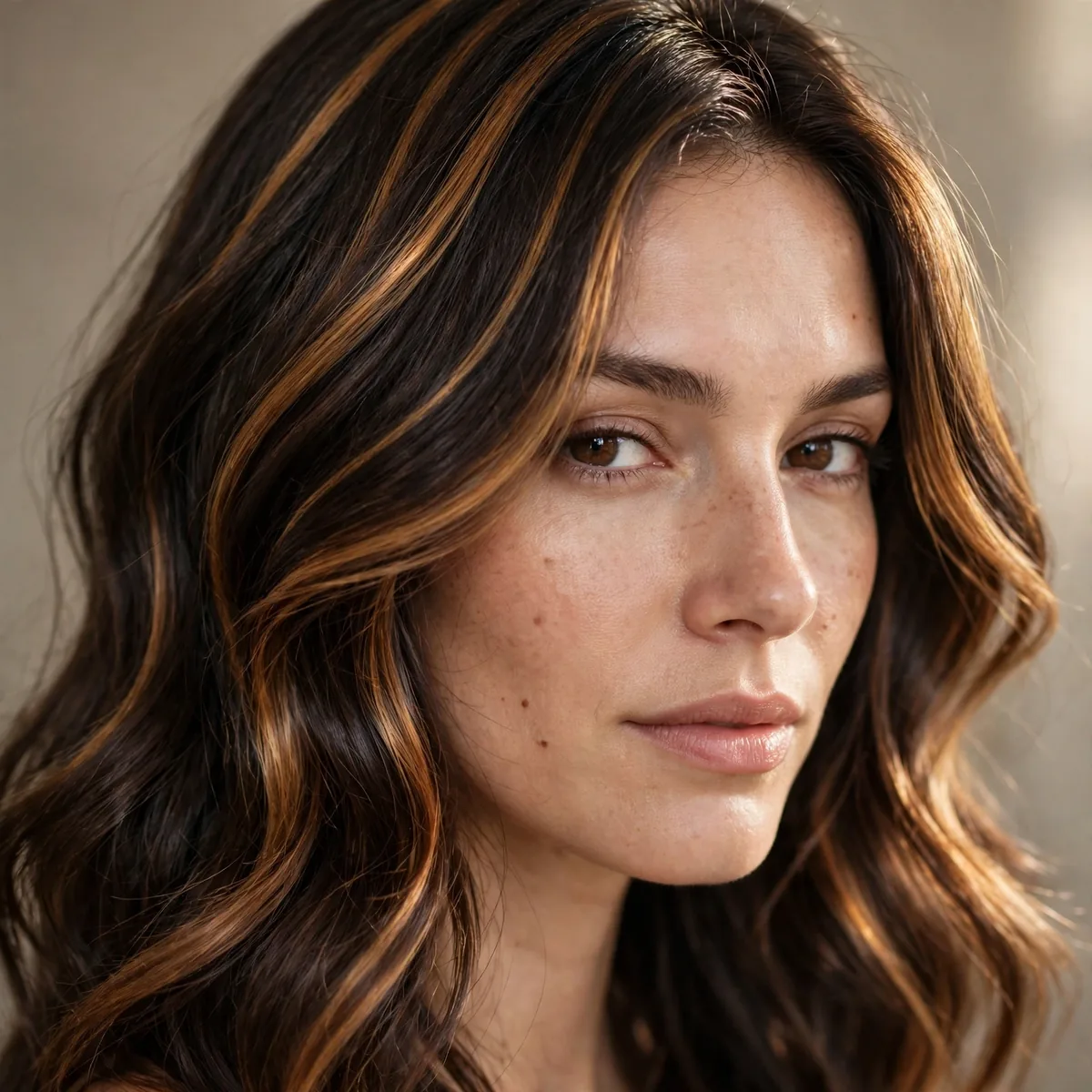 Dark brown hair with honey caramel ribbon highlights