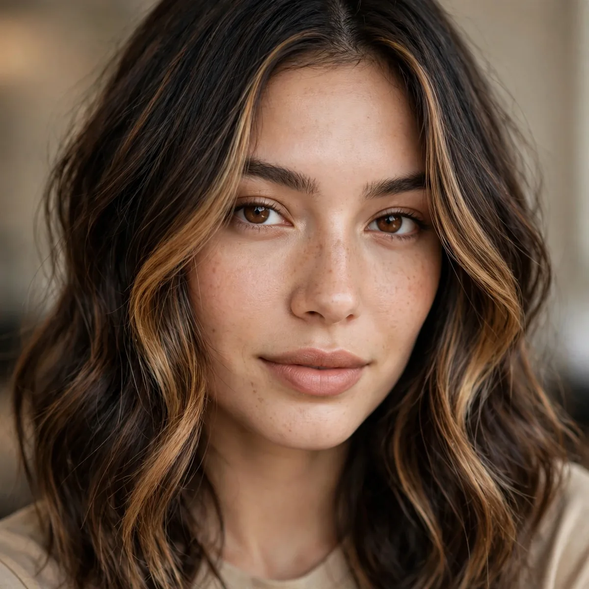Dark brown hair with caramel balayage framing the face