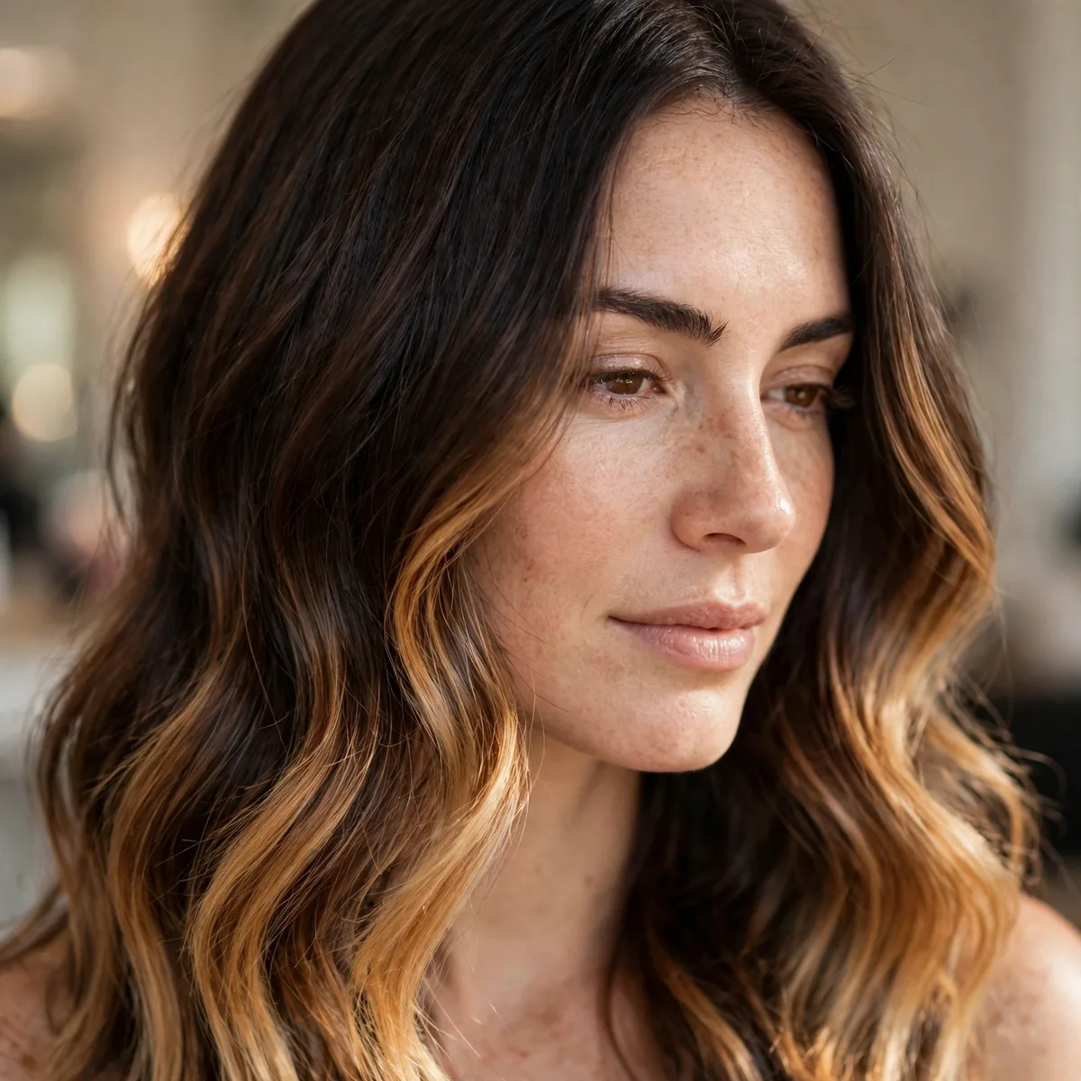 Dark brown hair with buttery caramel concentrated on the ends