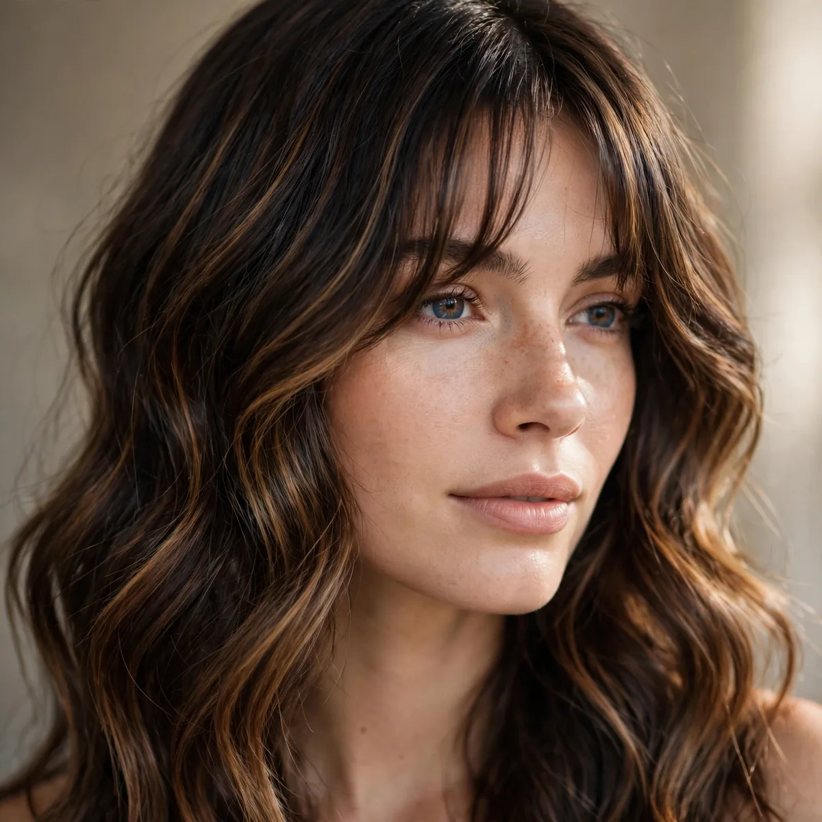 Dark brown wavy hair with caramel balayage and curtain bangs