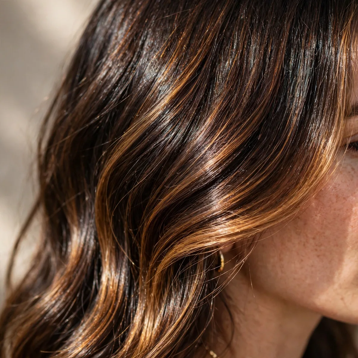 Dark brown hair with sun-kissed caramel balayage and high shine