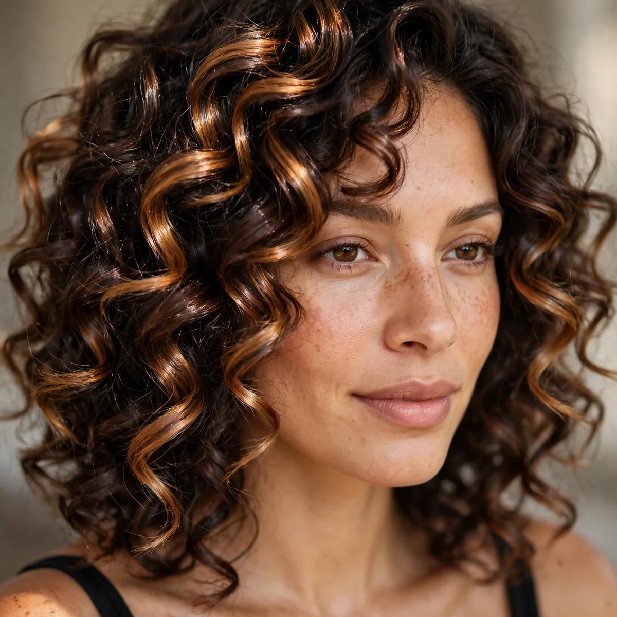 Dark brown curly hair with glossy caramel balayage