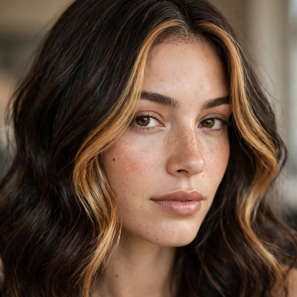 Dark brown hair with bright caramel money piece face frame