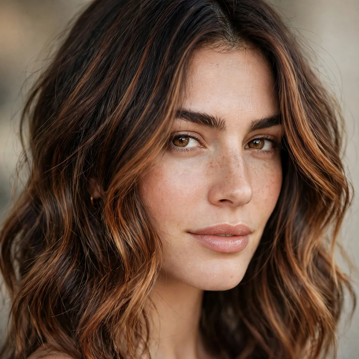 Dark brown hair with rich maple-toned caramel balayage