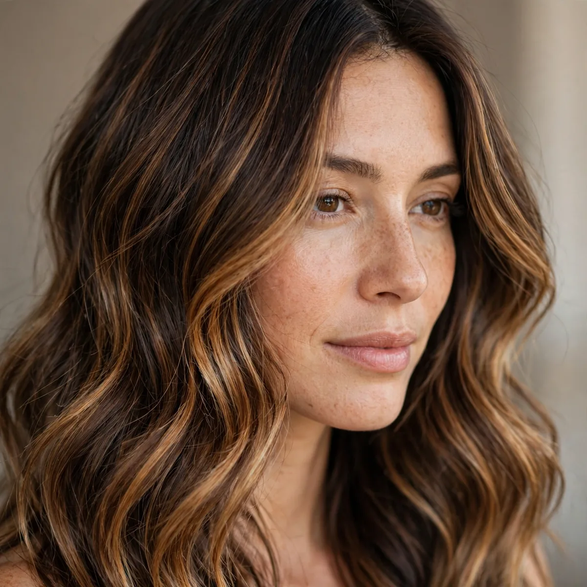 Classic caramel balayage on brunette hair
