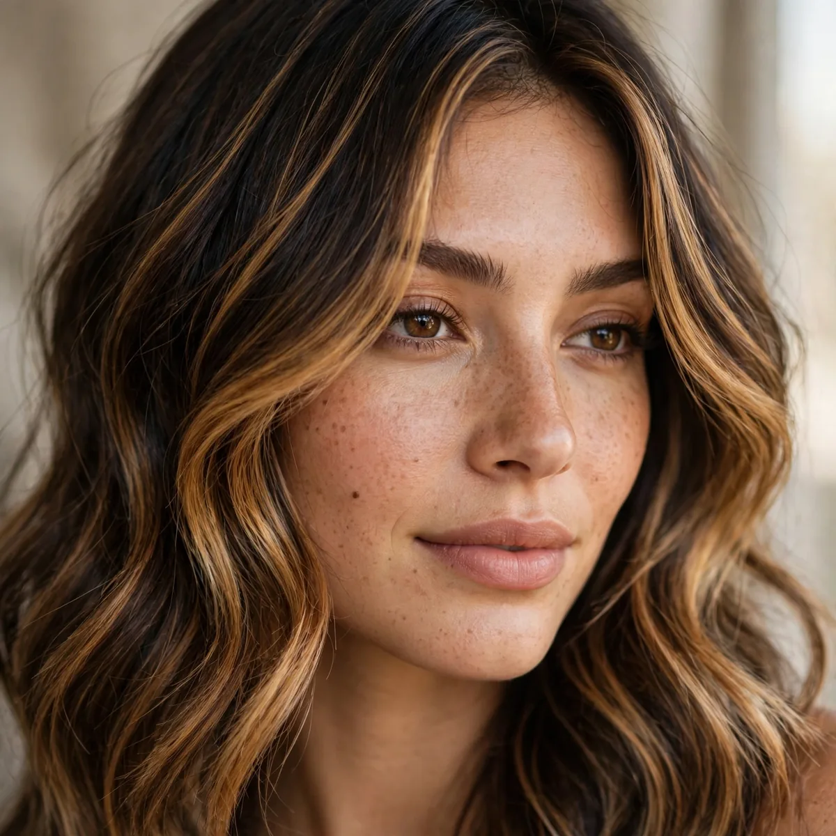 Caramel face-framing balayage pieces