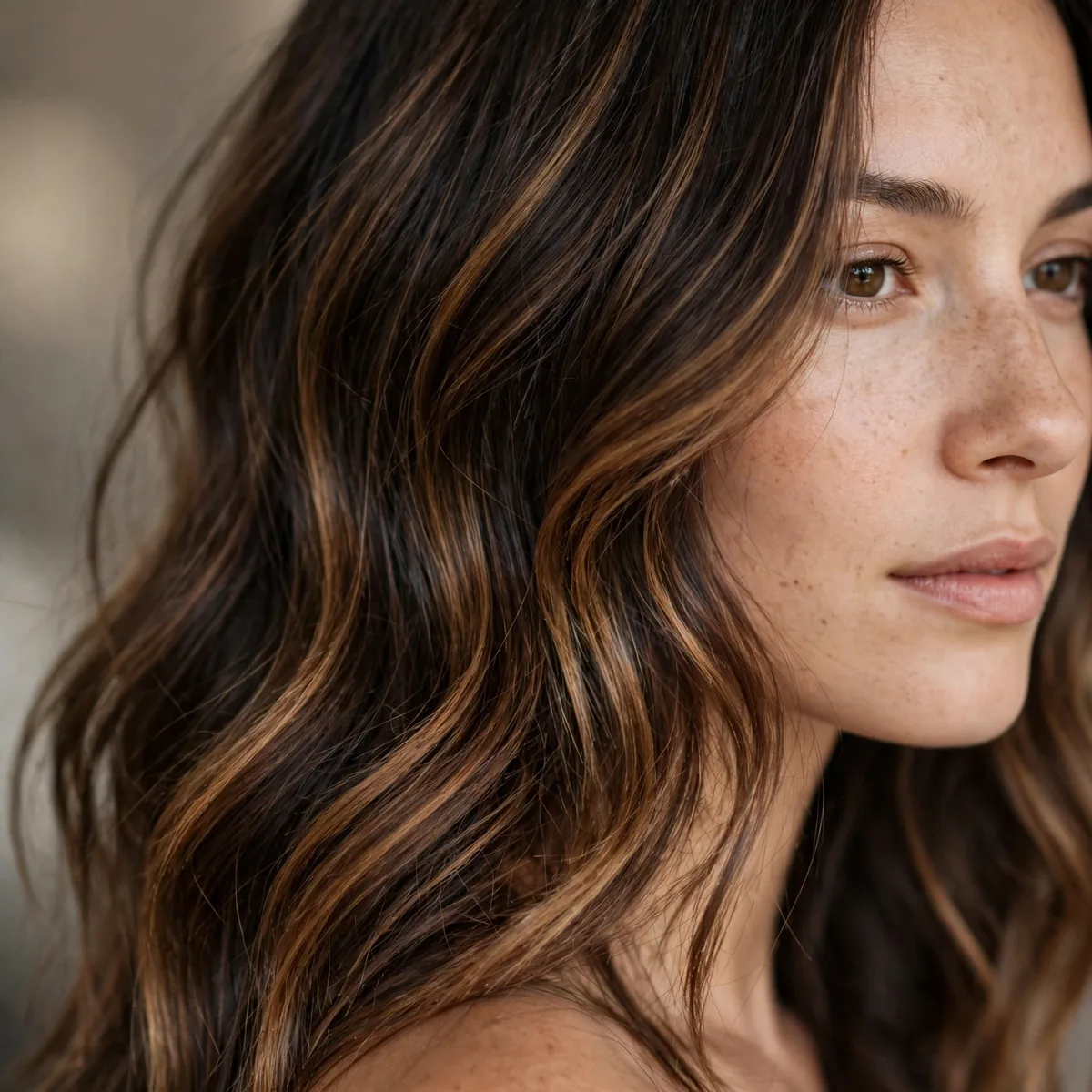 Caramel balayage on dark brown hair