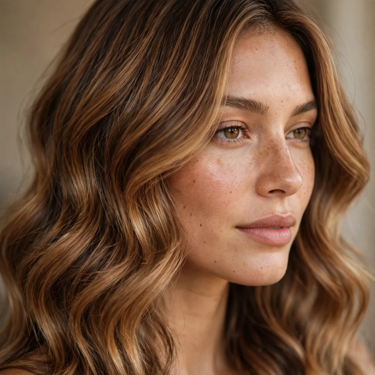 Caramel balayage styled in waves