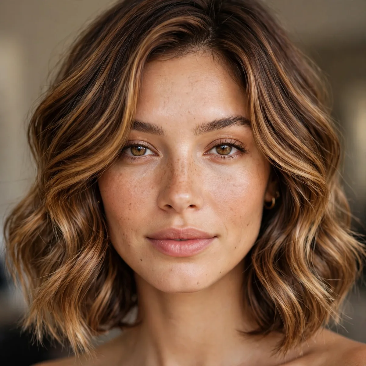 Caramel balayage on a lob haircut