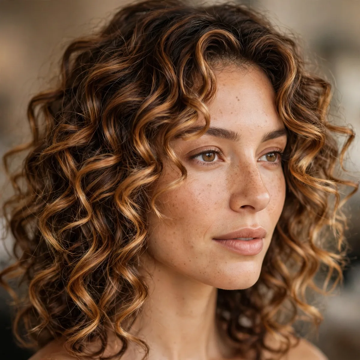 Caramel balayage on curly hair