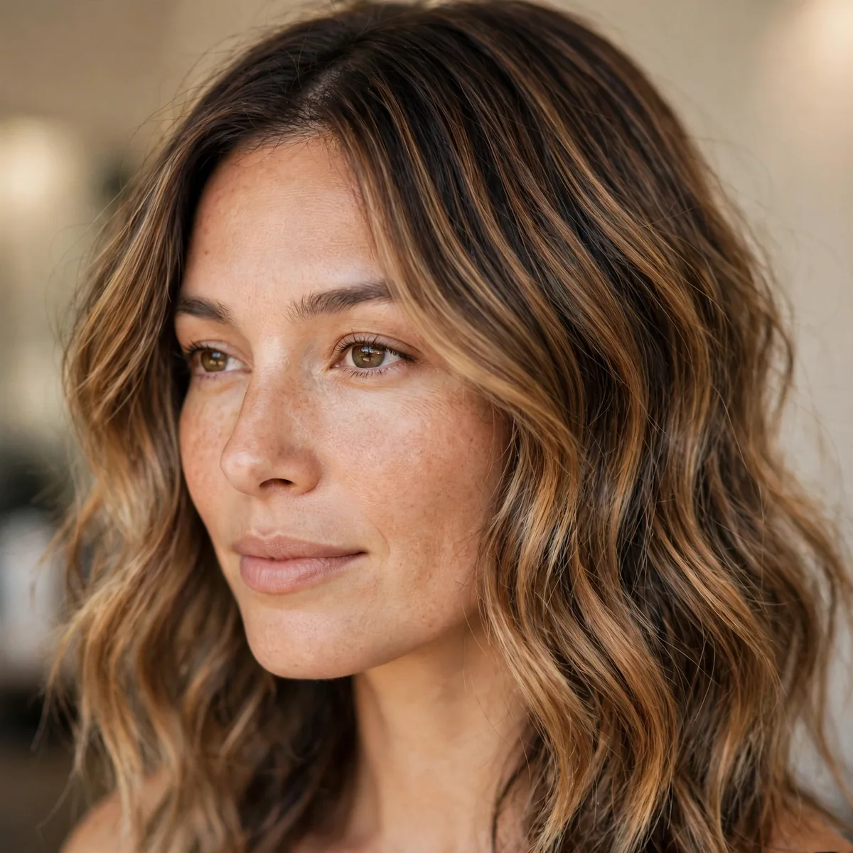 Lived-in caramel balayage with soft grow-out