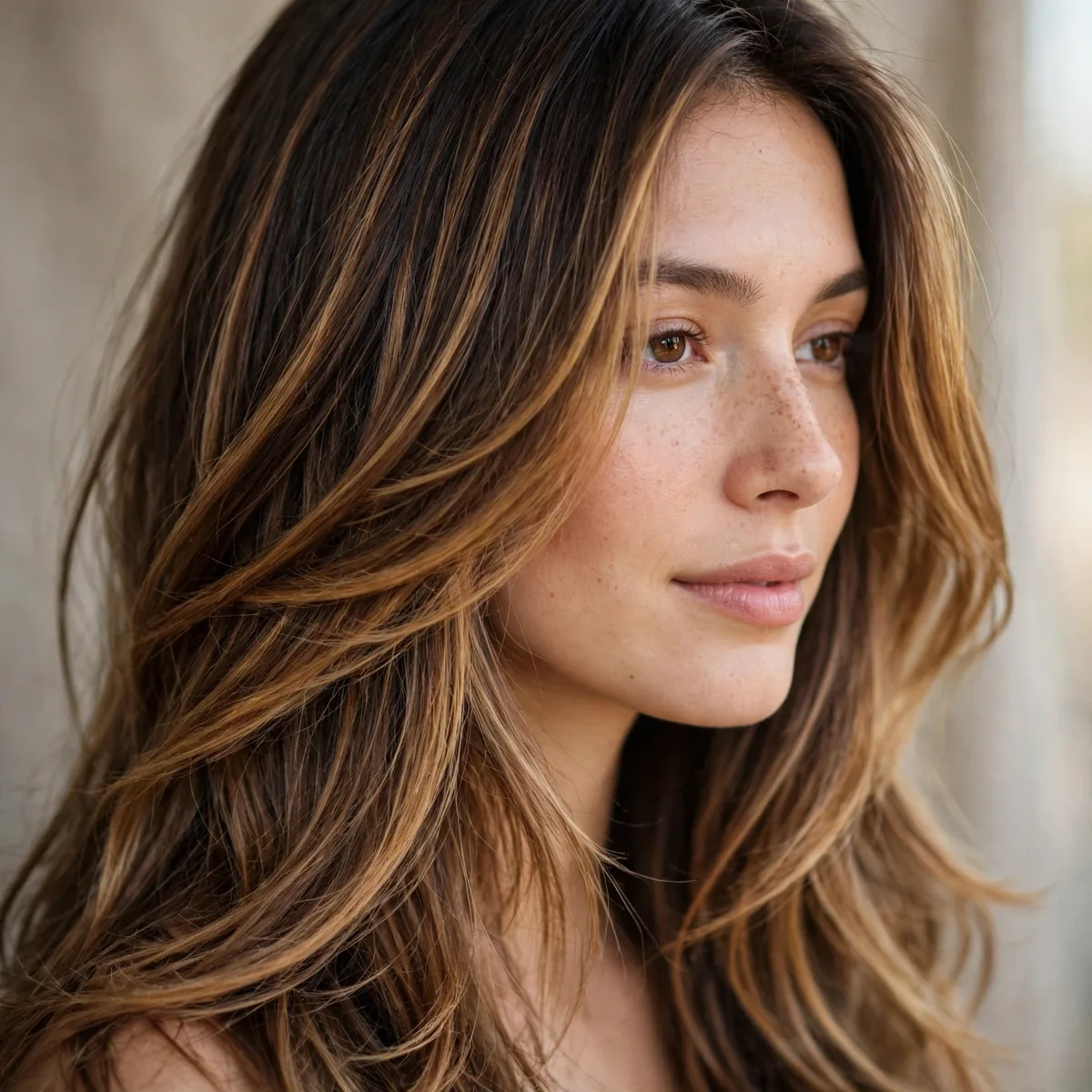 Caramel balayage on long layered hair