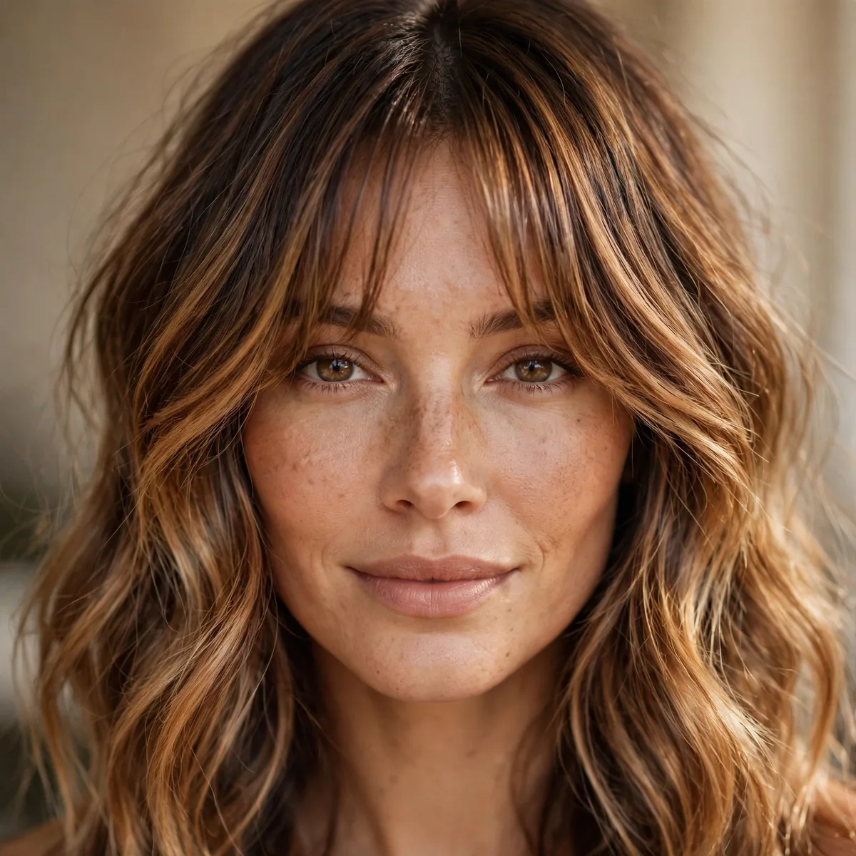 Caramel balayage with curtain bangs