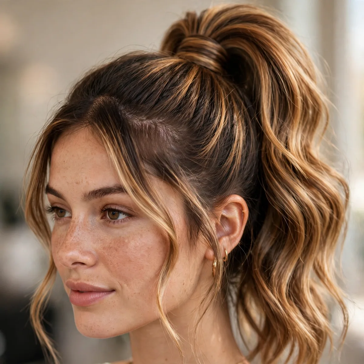 Caramel balayage in a high ponytail