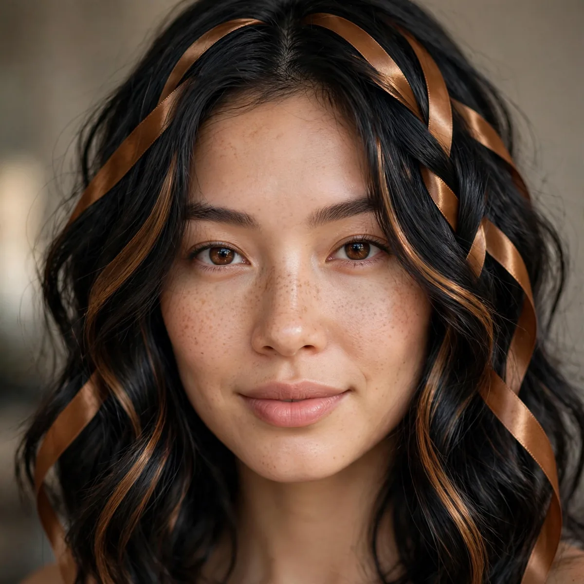 Black hair with glossy caramel ribbon highlights woven through