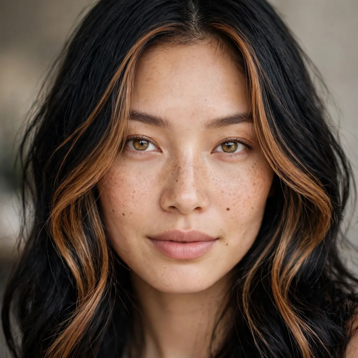 Black hair with warm caramel highlights framing the face