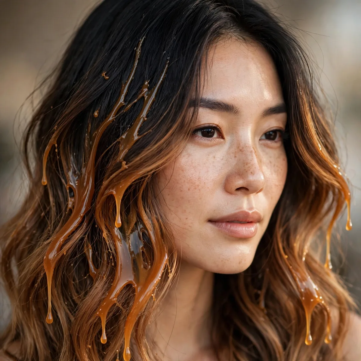 Black hair melting into molten caramel balayage