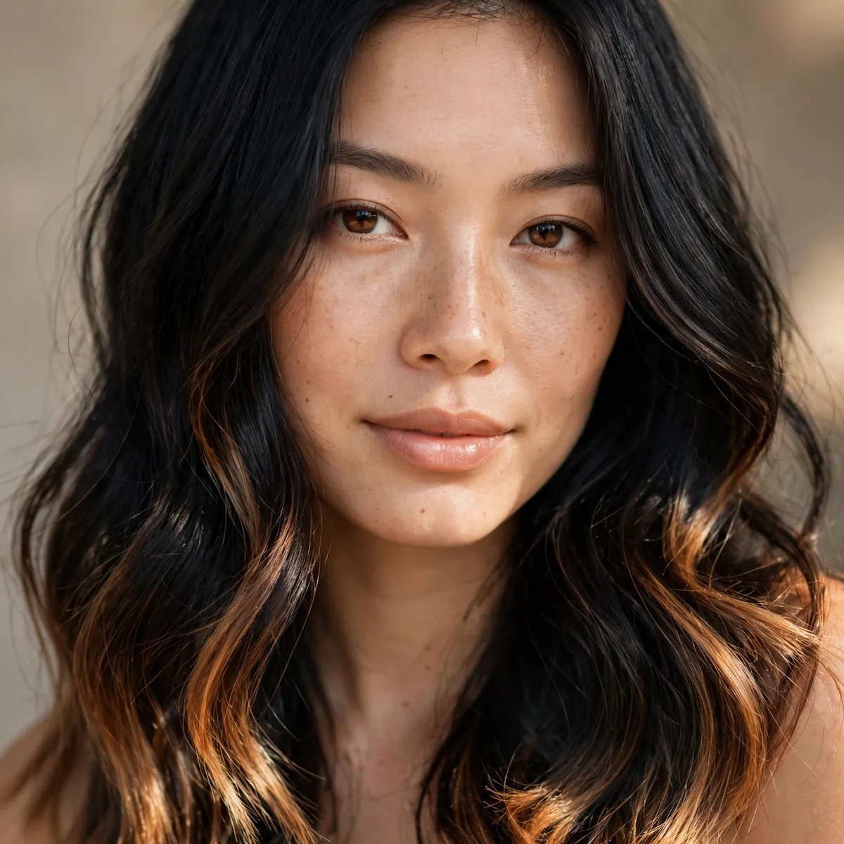 Black hair with caramel balayage painted on the tips