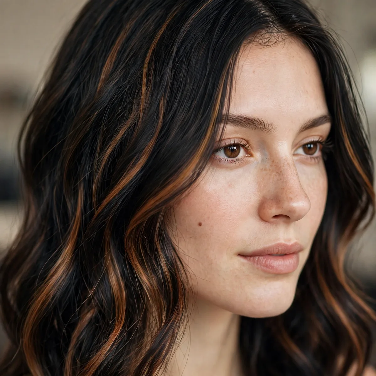 Black hair with cinnamon caramel strands woven through