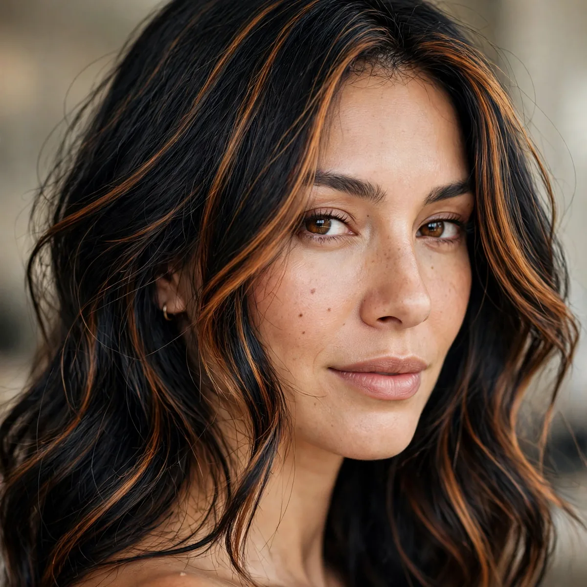 Black hair with rich amber caramel highlights