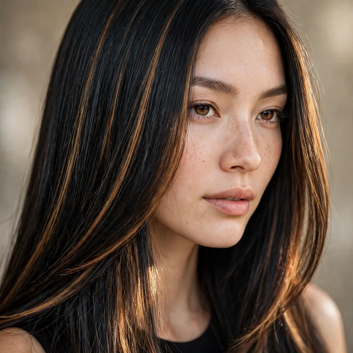 Sleek straight black hair with caramel highlights and shine