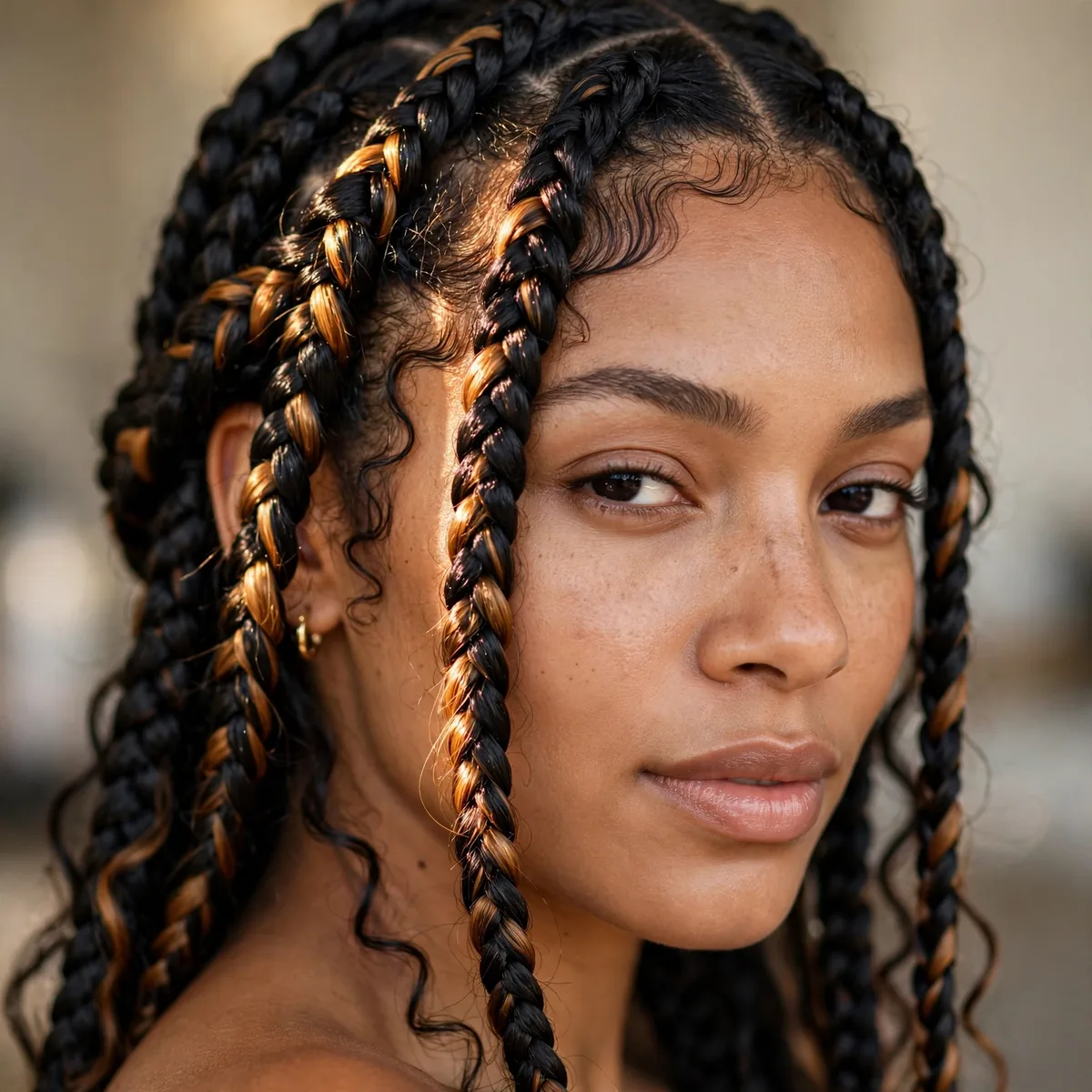 Black braided hair with caramel highlights glowing through